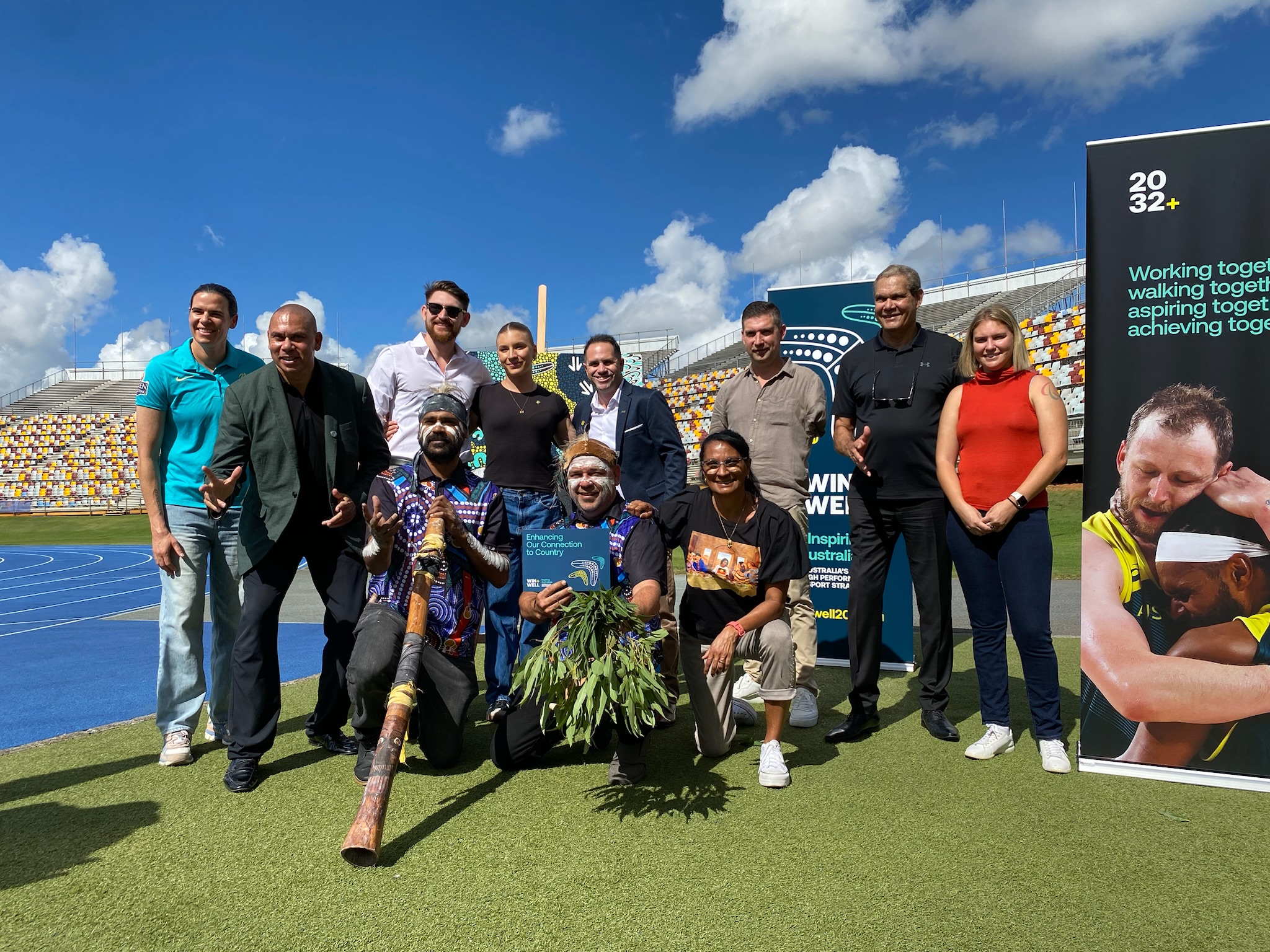 Lydia Williams, Patrick Johnson, Harley Windsor, Marissa Williamson Polhman, Brad Hore, Nova Peris, Ben Austin, Danny Morseu, and Torita Blake at the Connection to Country Launch in Brisbane.