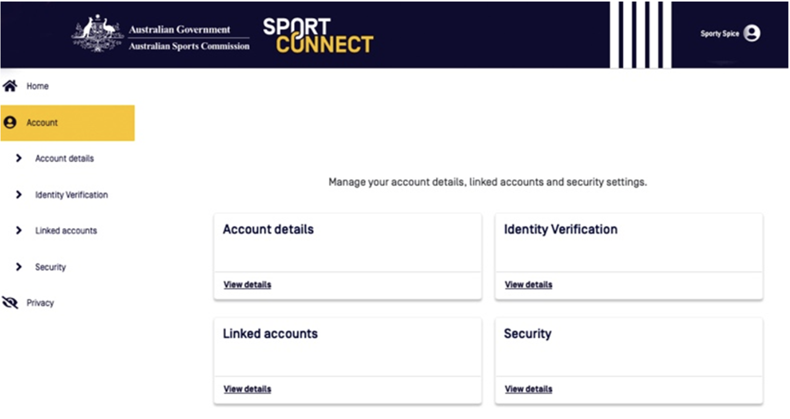 Sport Connect portal screen